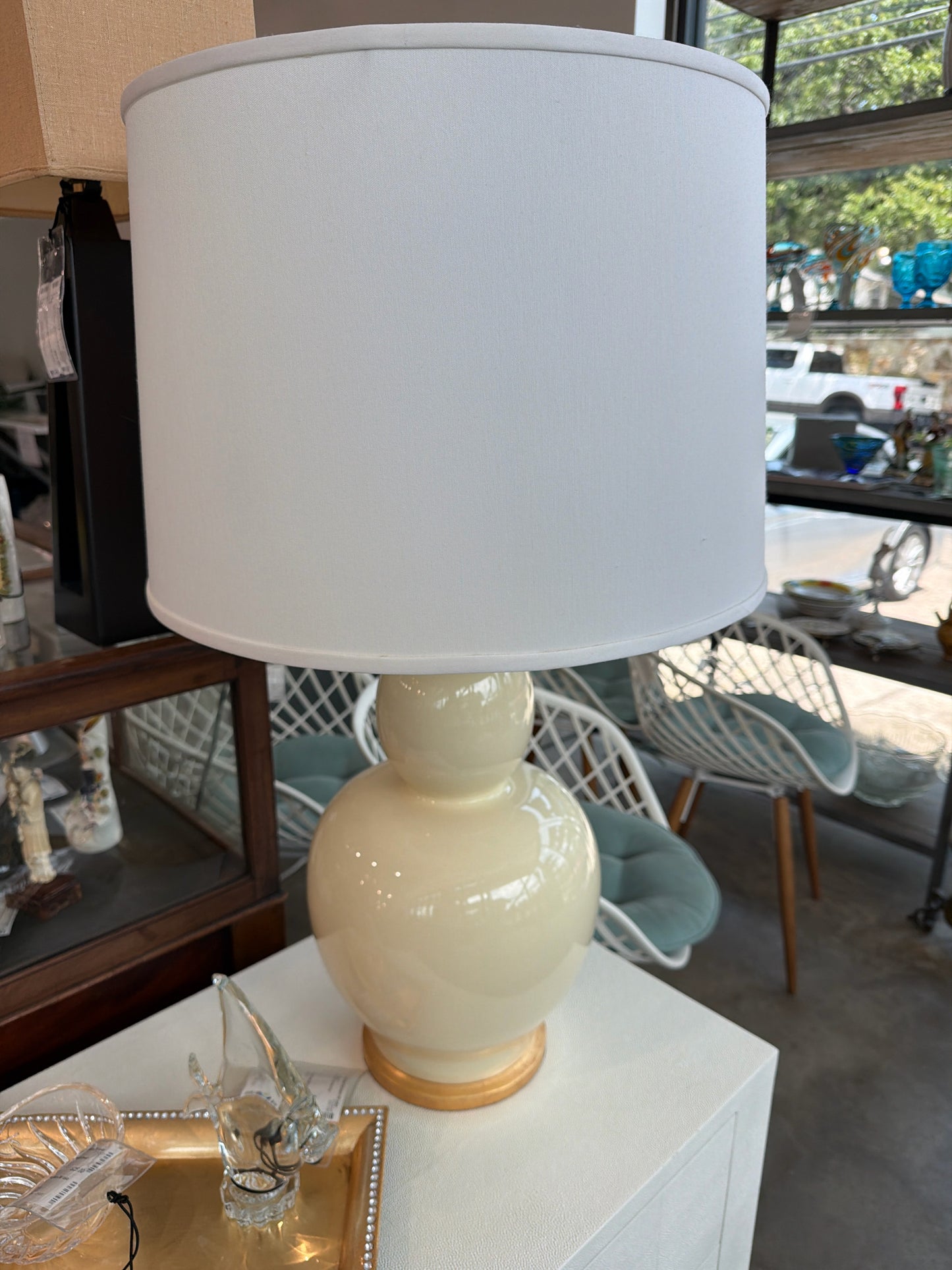 Visual Comfor Double Gourd Glazed Ceramic Cream Lamps w/ White Shades