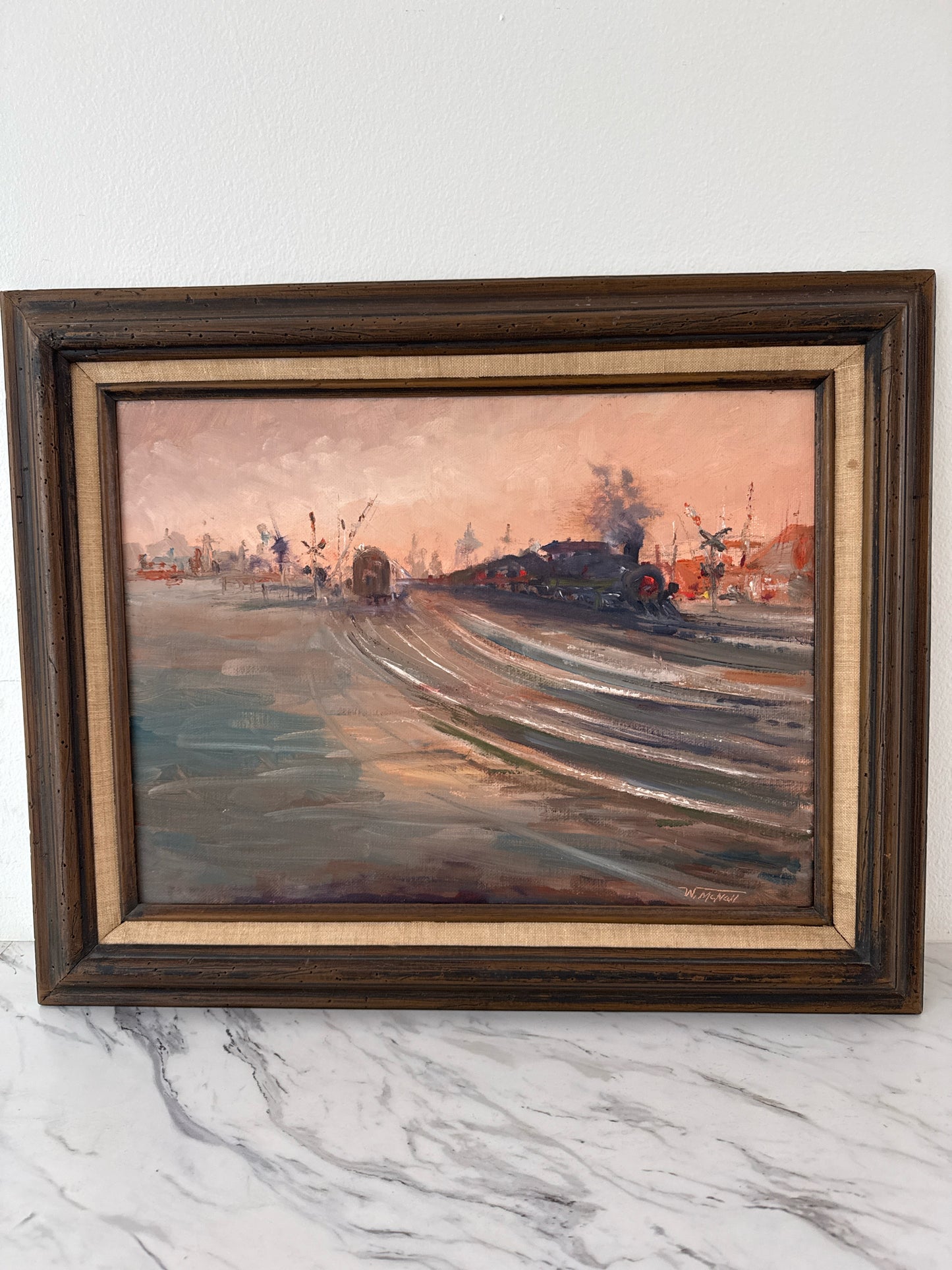 Original Oil Train Scene "Steaming To Go" by Walter McNall, 21 x 17"