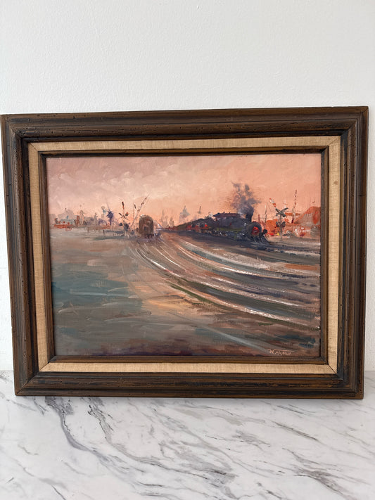 Original Oil Train Scene "Steaming To Go" by Walter McNall, 21 x 17"