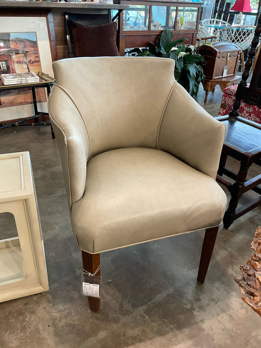 Light Grey Leather Barrel Back Arm Chairs w/Oak Legs