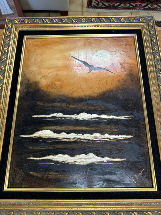 Original Oil on Board of Seagull at Sunset (signed, 21" x 25")