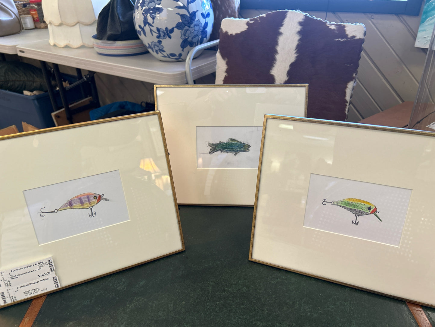 SEt of 3 Original Fish Art in Gold Frames