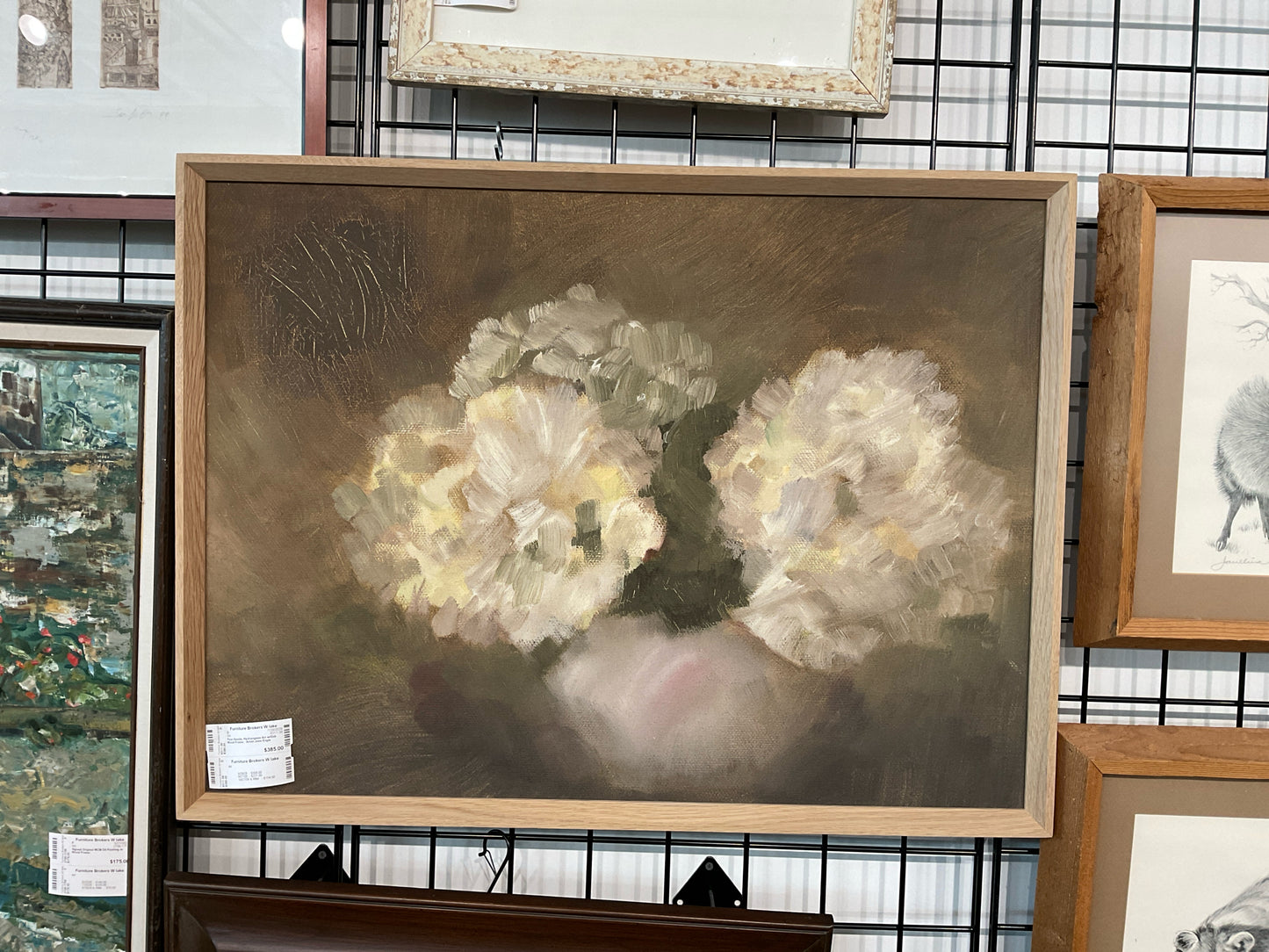 Four Hands, Hydrangeas Art w/Oak Wood Frame - Artist Jess Engle