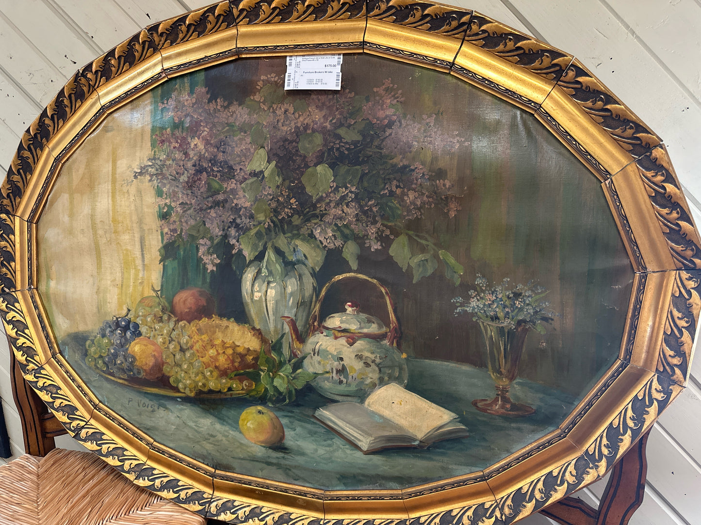 Antique French Oil of Still Life in Gold Oval Frame 45 x 33