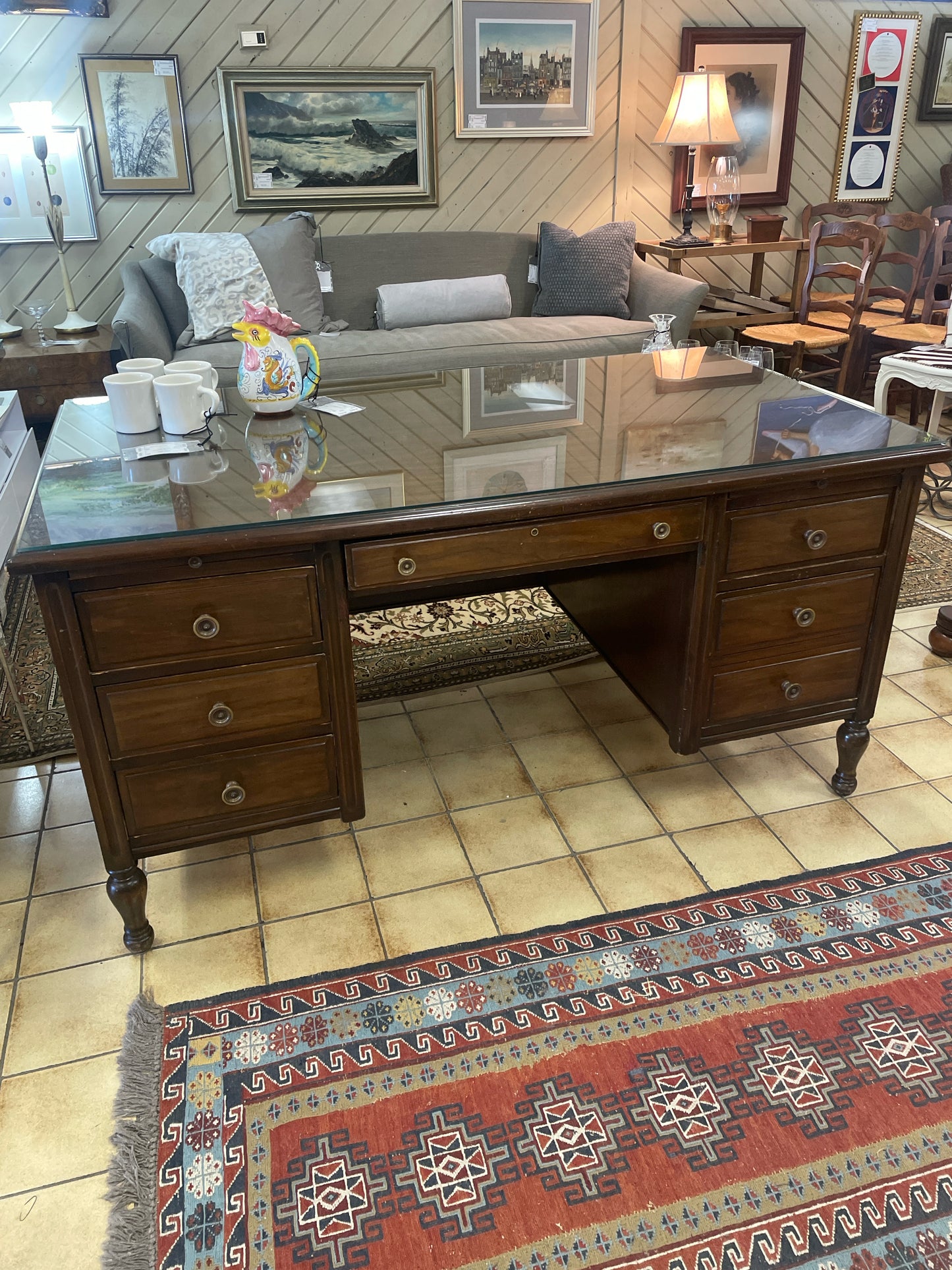 Vintage Executive Desk w/Glass Top(Middle drawer when closed locks file cabinet)