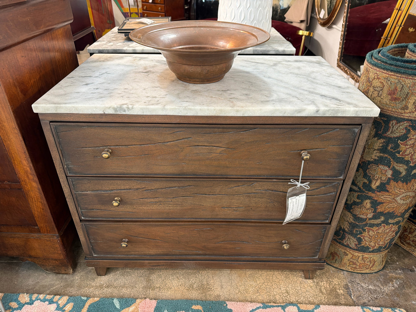 Four Hands Odette 33" Aged Belgium 3-Drawer Nighstands w/Marble Top