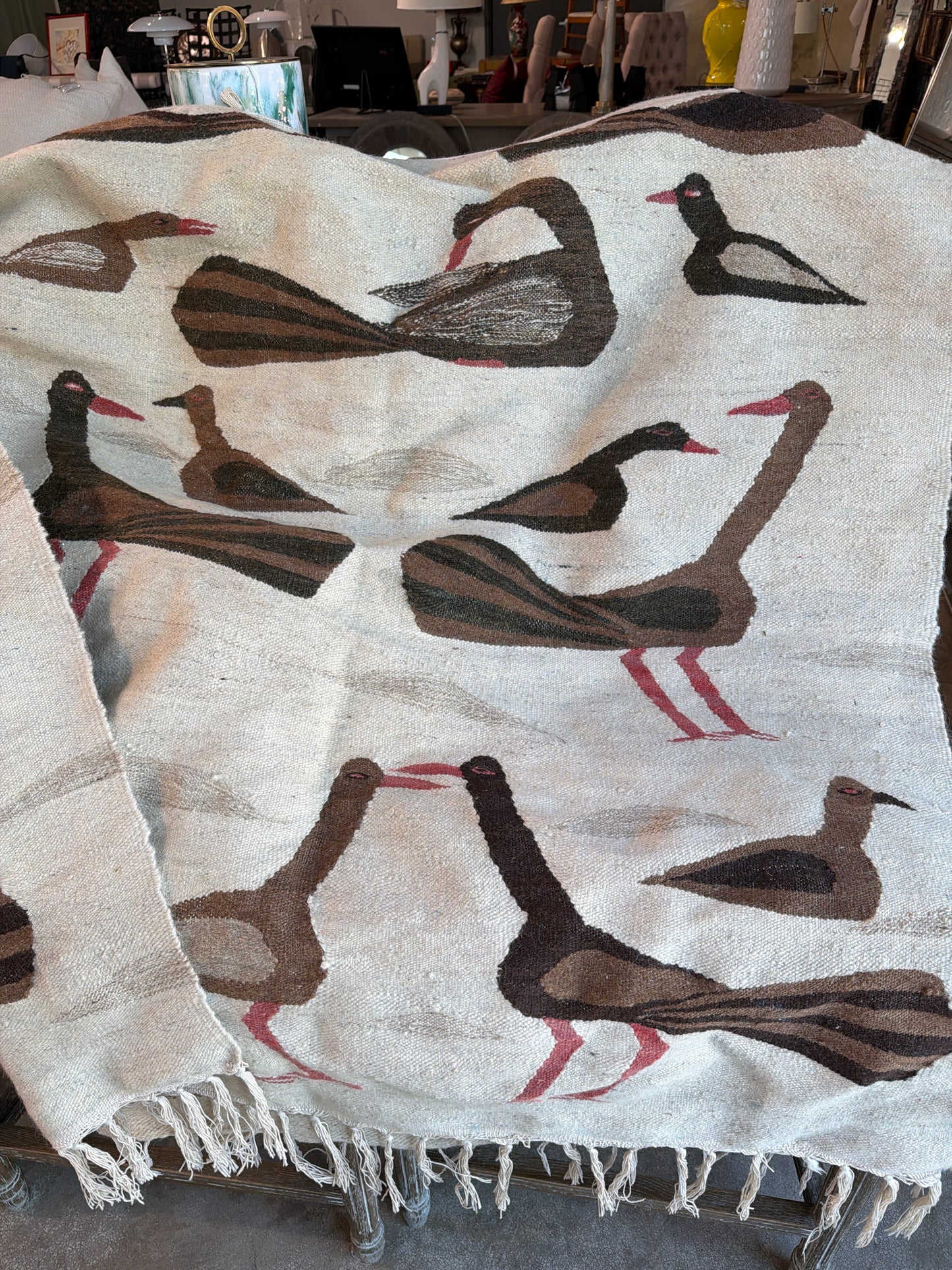 Vintage Hand Woven Rug from Mexico with Ducks 48 x 41