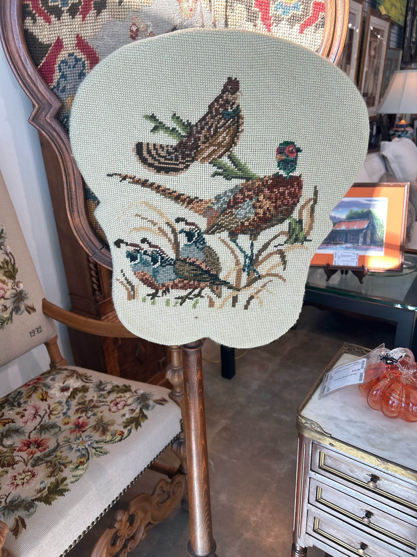 Antique Needlepoint Fireplace Screen Carved Wood Stand & Extra Screen