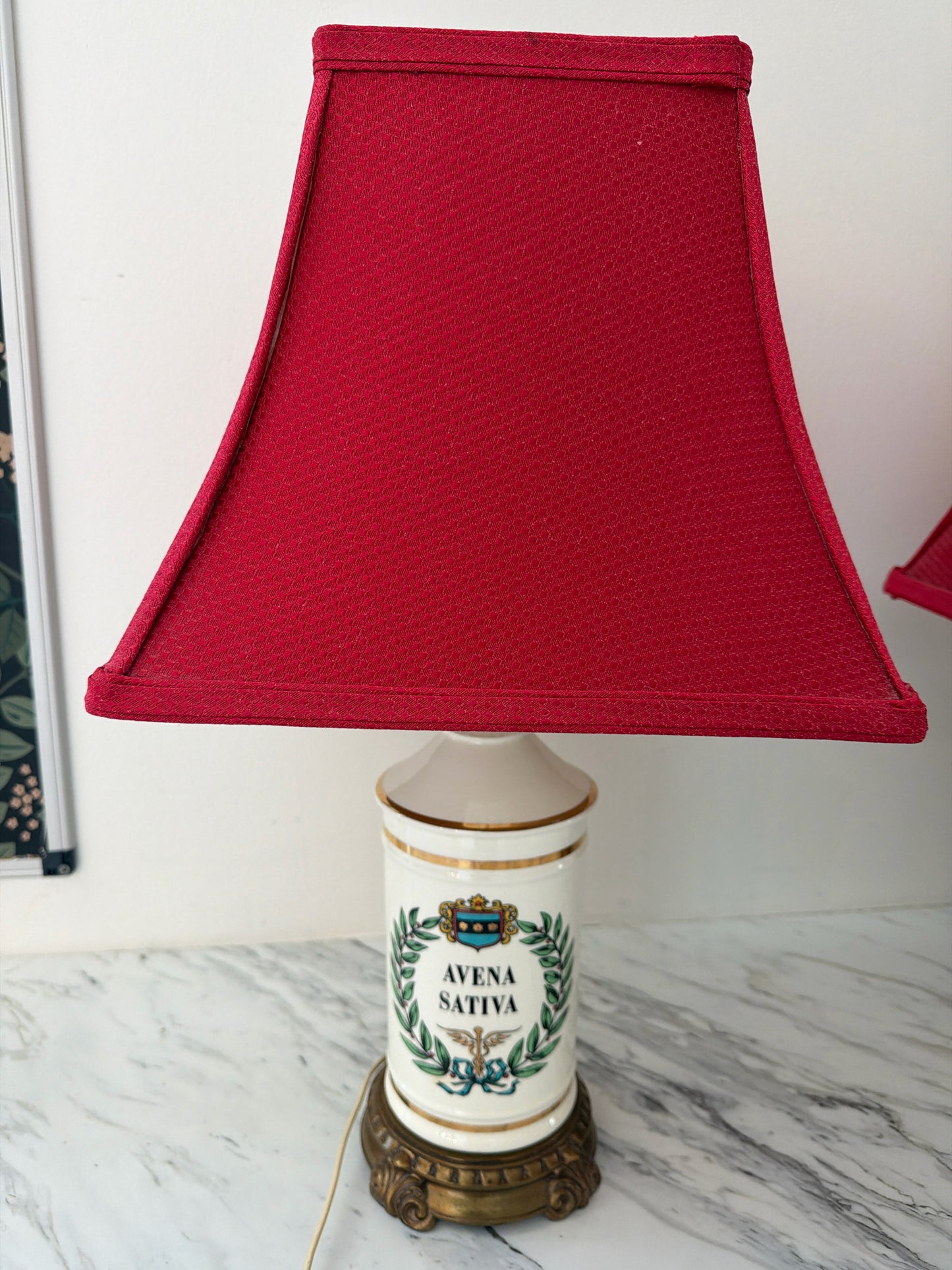Vintage Apothecary "Oats" Lamp w/ Red Shade