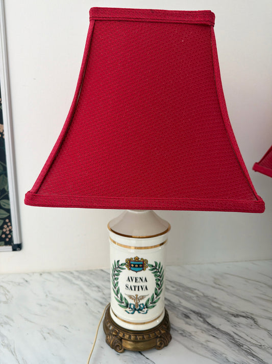 Vintage Apothecary "Oats" Lamp w/ Red Shade