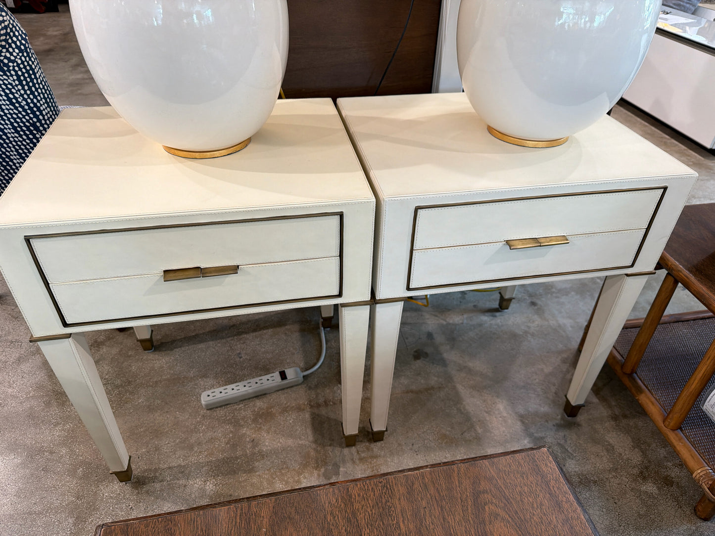 PAIR Interlude Home Ivory Leather "Hunter Side Tables w/ 2 Drawers