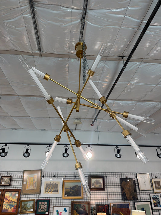 Brass Contemporary 10 Light Frosted Glass Fixture