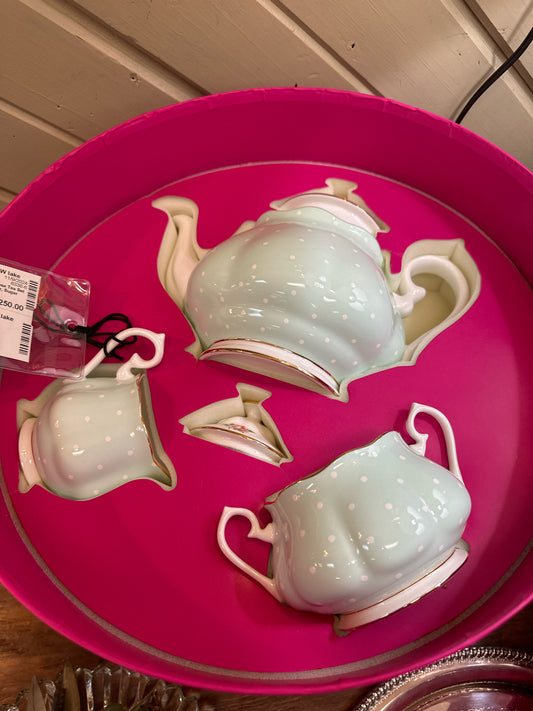 Royal Albert Green Polka Rose Tea Set in Pink Box: Teapot, Creamer, Sugar