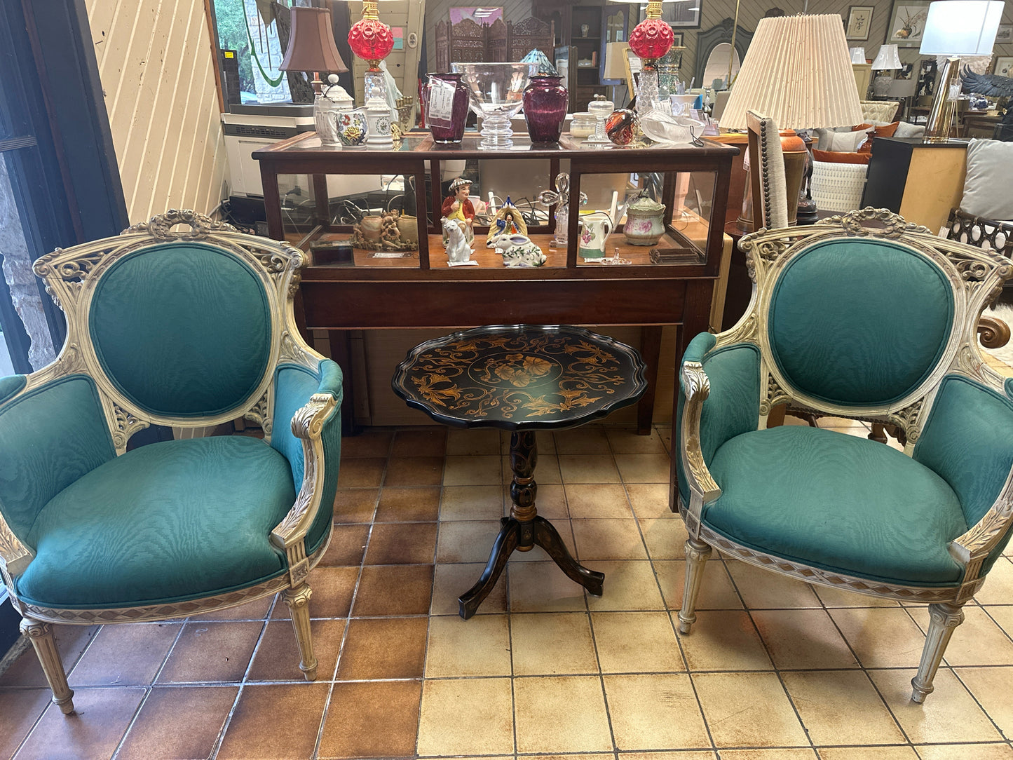 PAIR Antique French Louis IV Chairs w/ Teal Upholstery