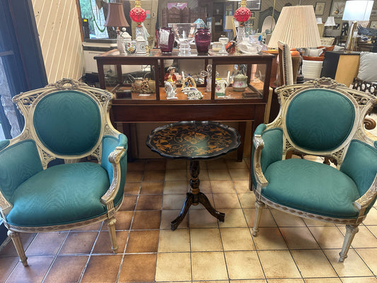 PAIR Antique French Louis IV Chairs w/ Teal Upholstery