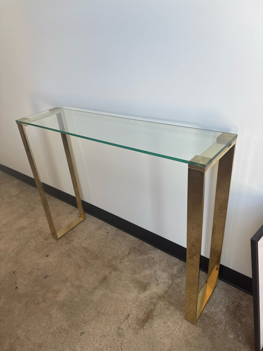 Vintage Milo Baughmann Hollywood Regency Glass/Brass Console (39W x 10D x 30T)