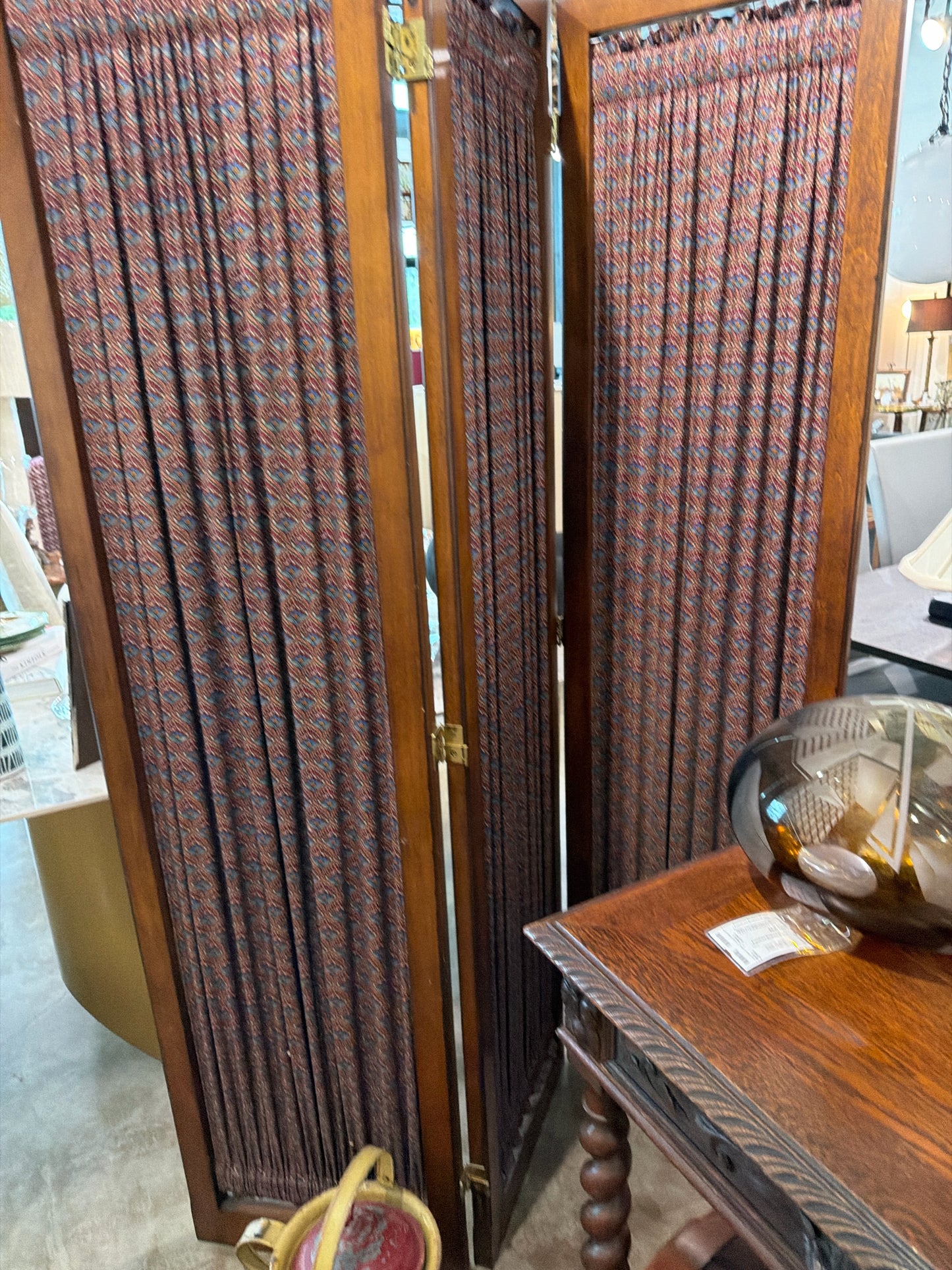 Vintage Wood Frame 3 Fabric Panel Screen