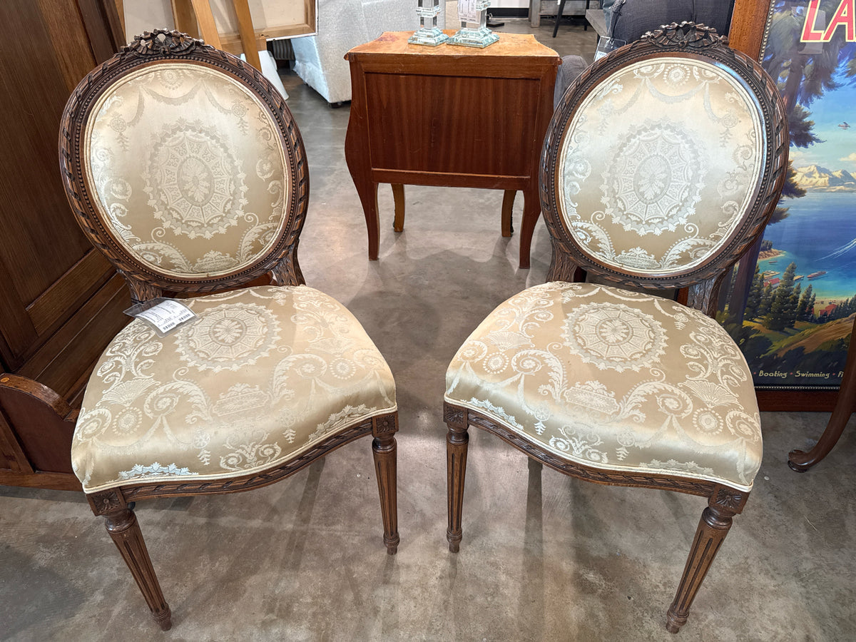 Pair of Antique French Carved Chairs with Cream Silk Cushions