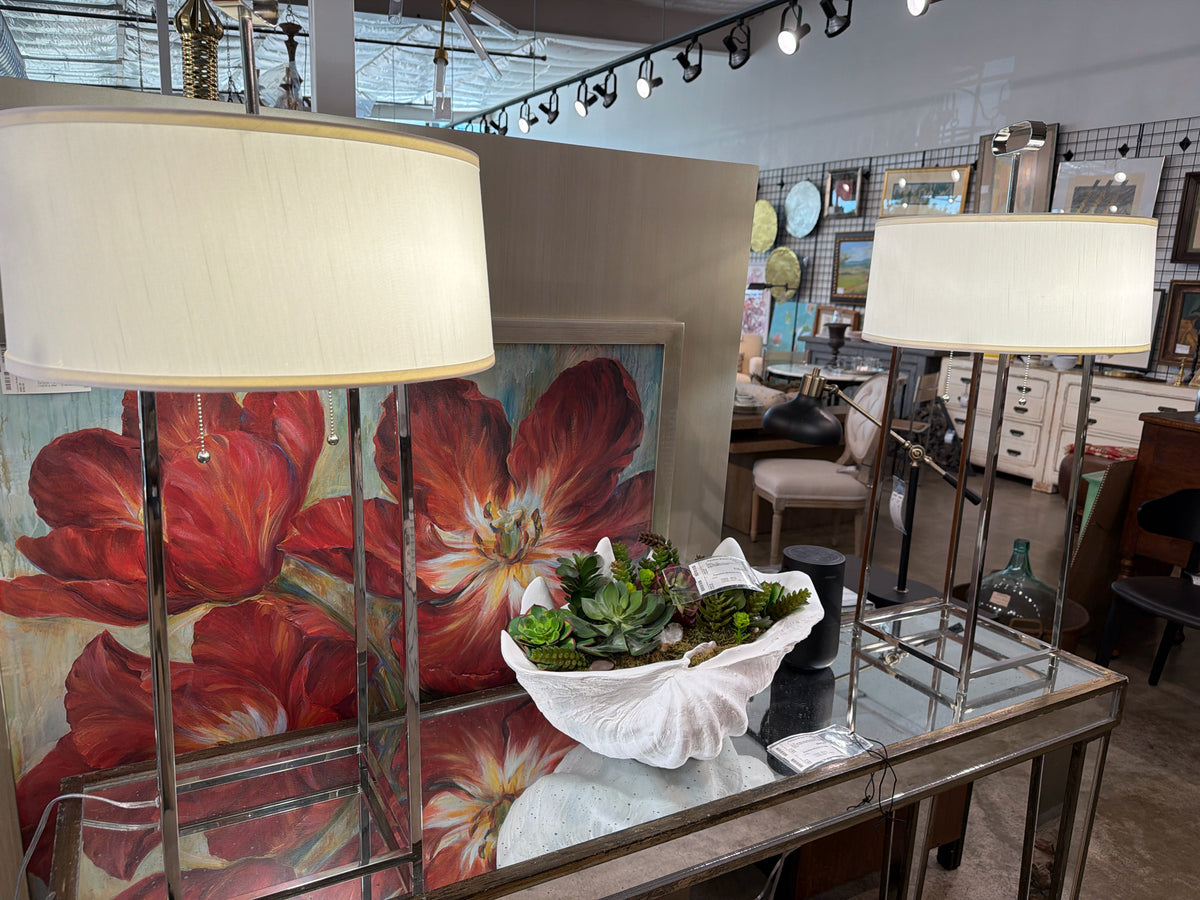 Pair of World's Away Silver Skeleton Style Lamps with White Drum Shades