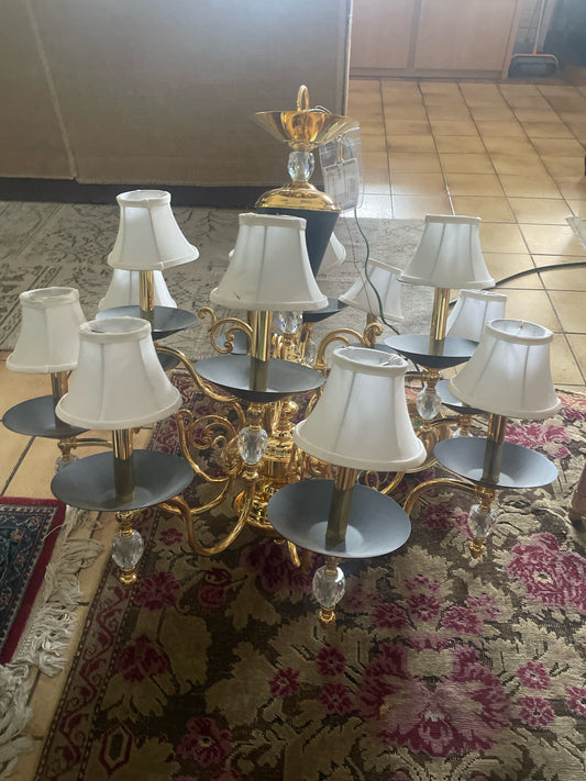 Brass 12-Light Chandelier with White Shades and Prisms