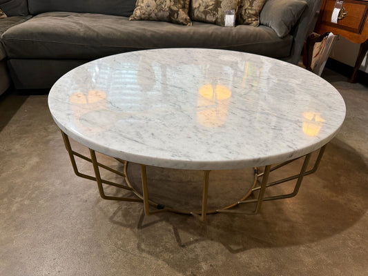 Gold Metal Base White Marble Top Coffee Table 40"d
