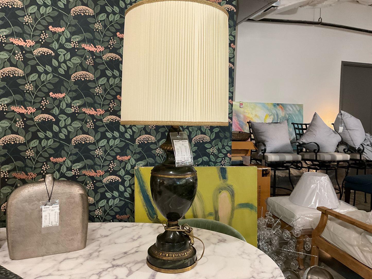Pair of 1920s Faux Malachite Wood and Bronze Urn Lamps