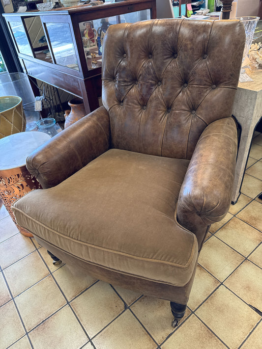 Brown Tufted Leather Chair with Upholst. Seat on Casters by Shabby Chic