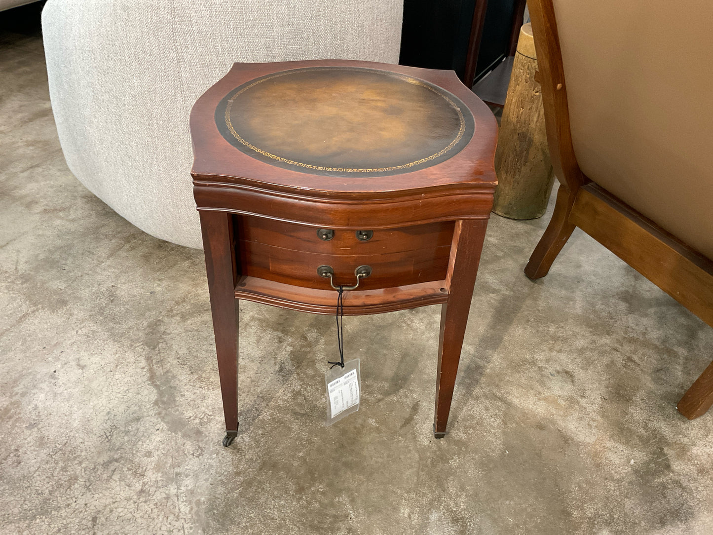 Antique Mahogany Side Table w/ Brown Leather Inlay on Wheels - 21"Sq X  25"H