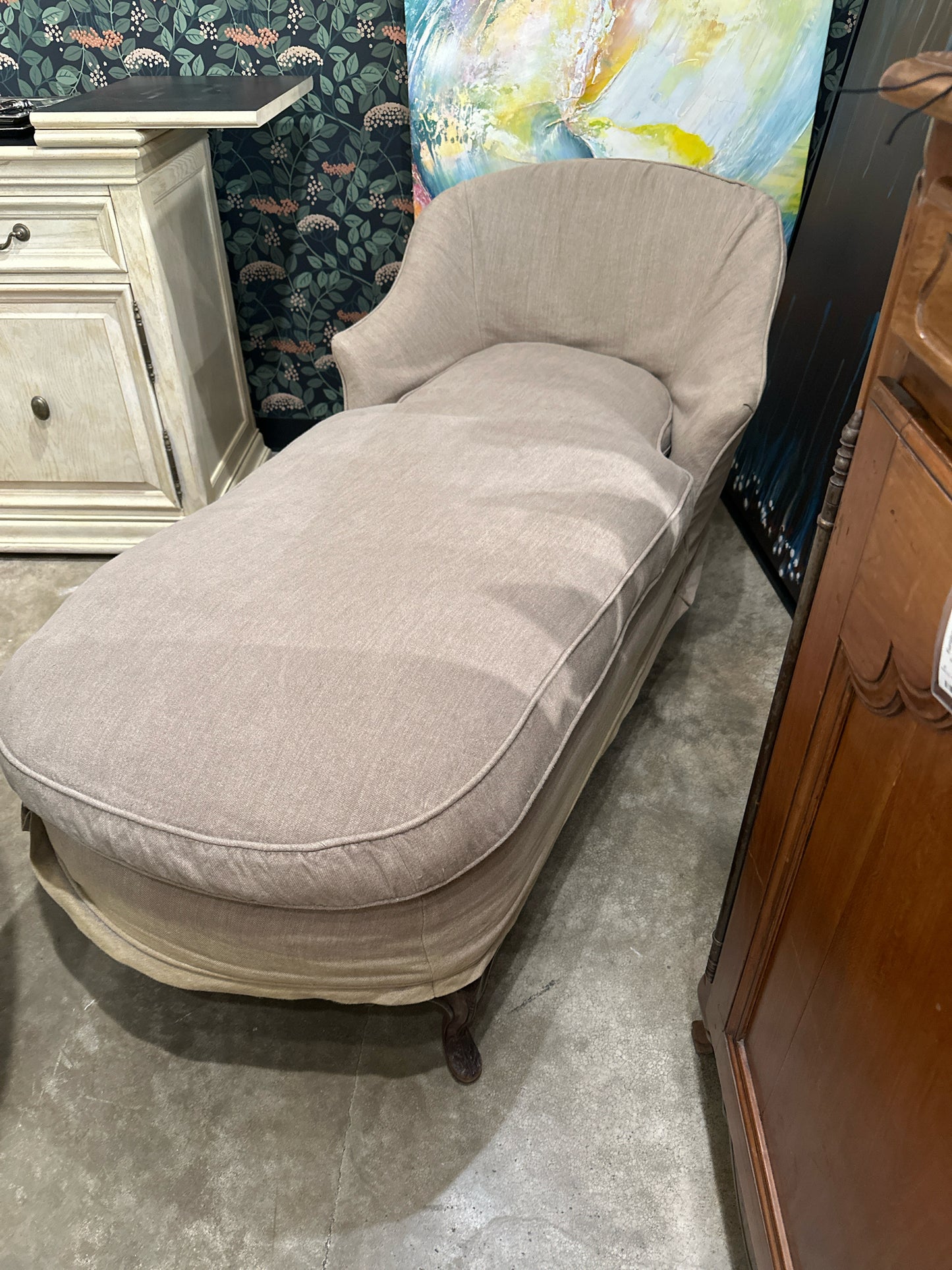 Antique French Wood Chaise w/ New Down Insert/Flax Linen Upholst & Velvet Pillow