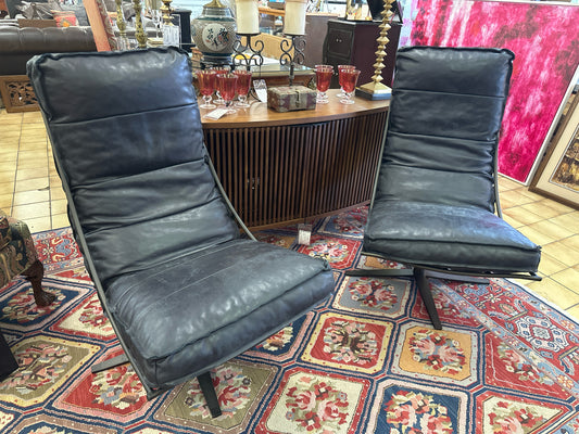 PAIR of Swivel Black Leather With Metal Base Shabby Amsterdam Chairs