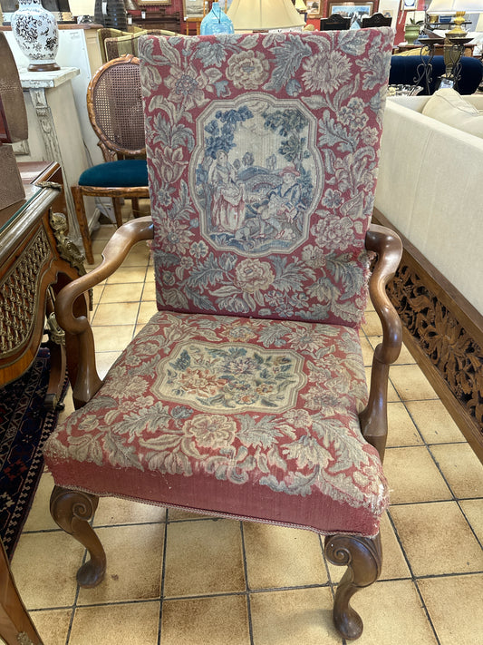 Antique Needlepoint Upholstered Wood Arm Chair