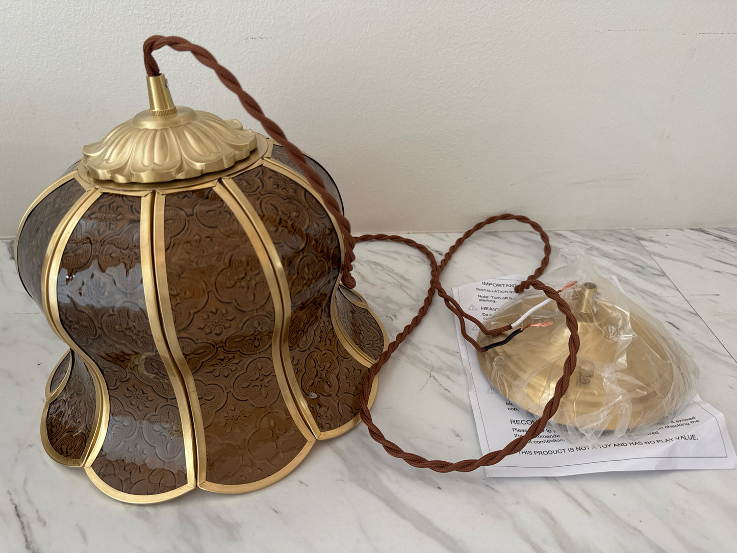 Gold and Embossed Brown Glass Tulip Shaped Pendant Light Fixture
