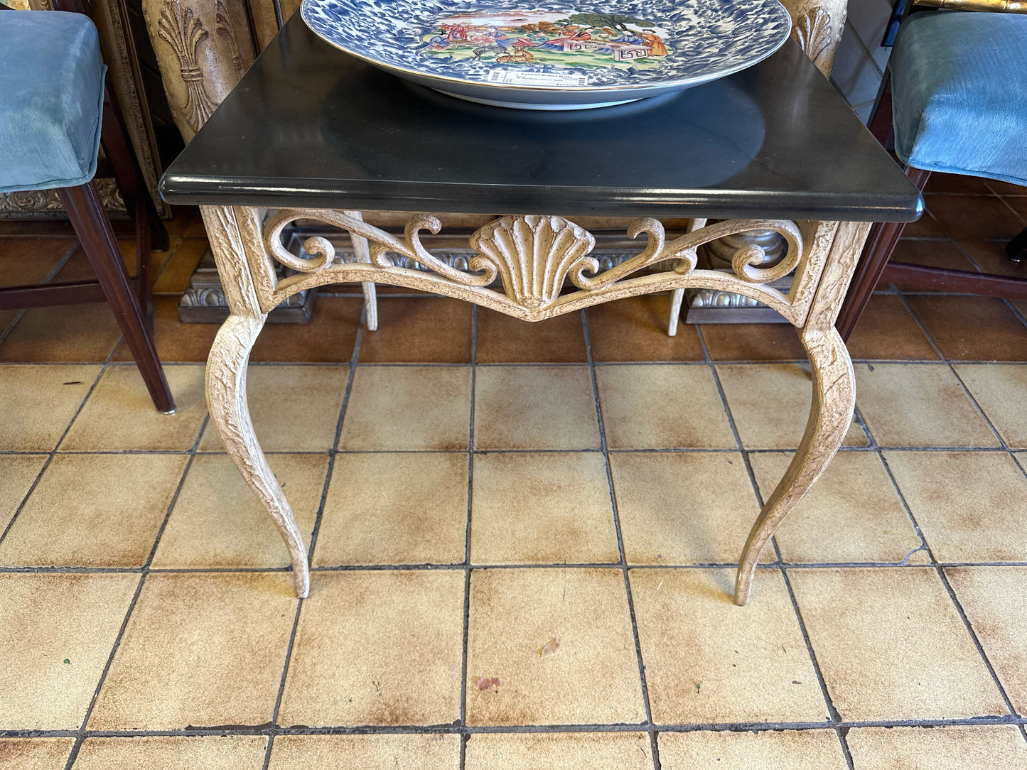 Black Faux Granite End Table w/ Metal Scallop Base