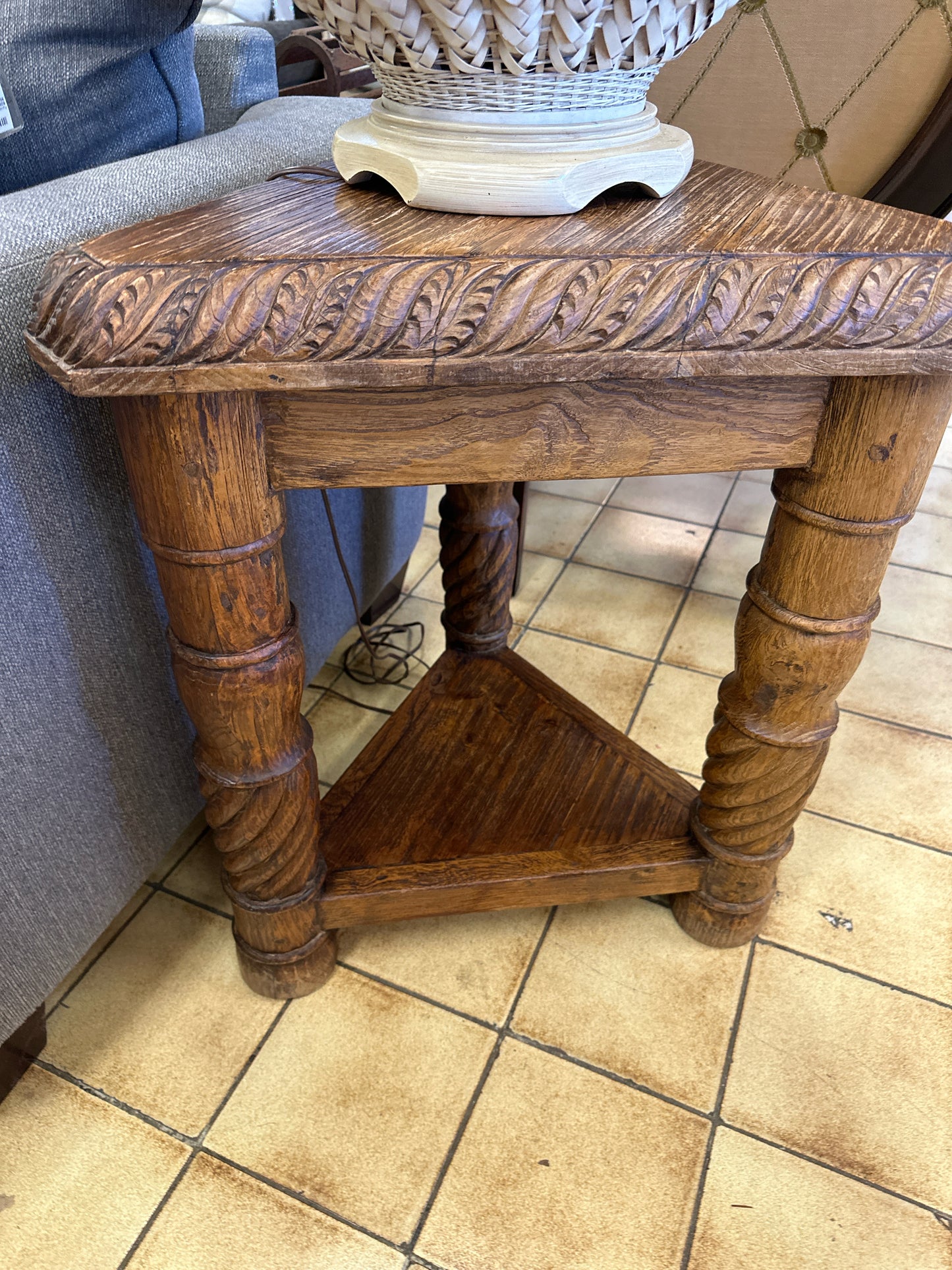 Carved Wood Corner Table w/ Lower Shelf