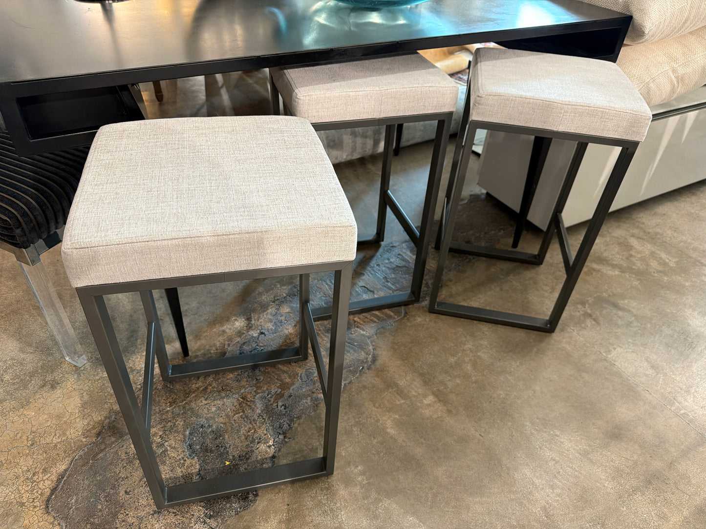 SET of 3 Neutral Upholstered/Metal Frame Barstools