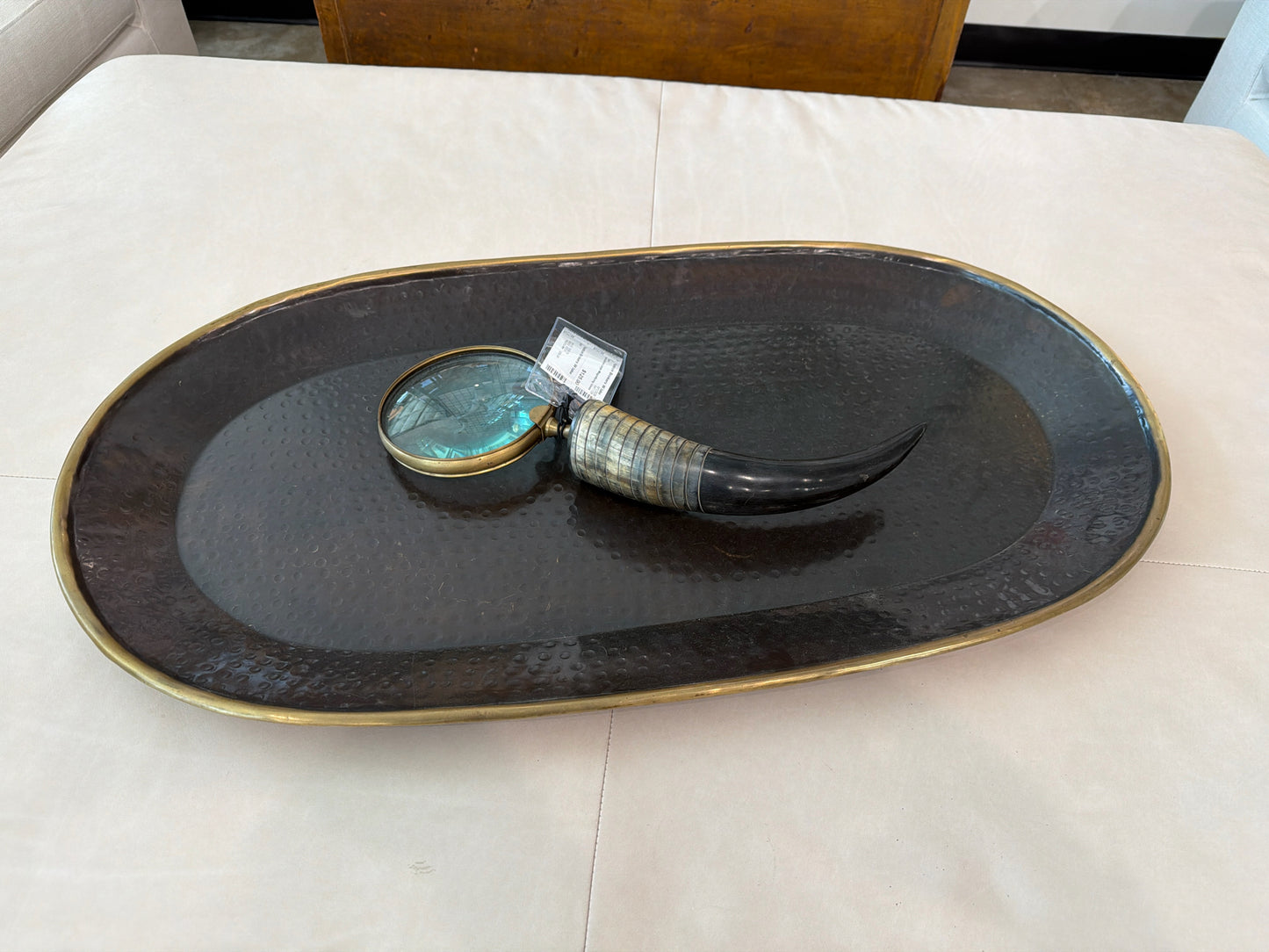 RH Oval Black Hammered Tray w/ Brass Tone Rim