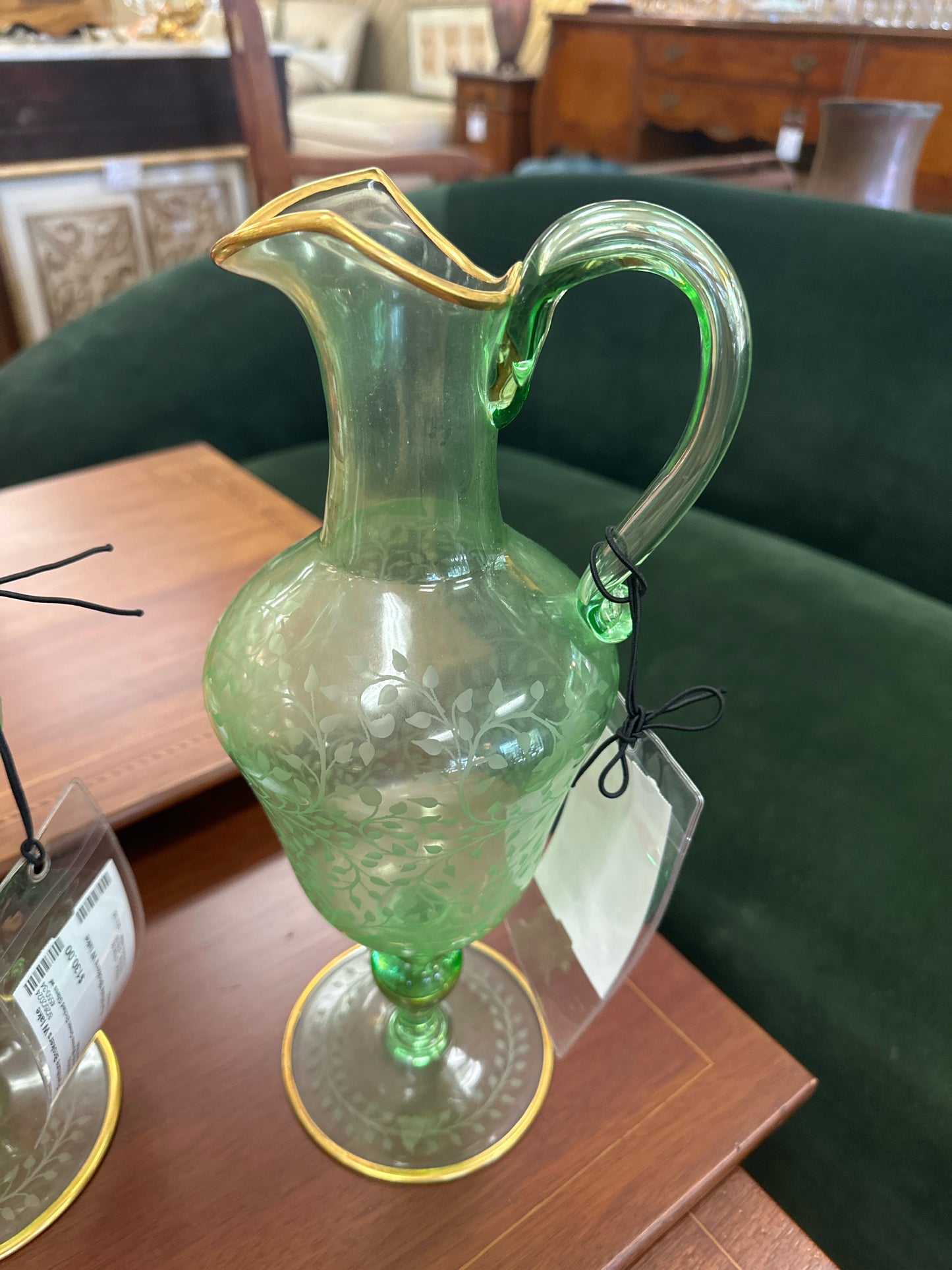 Carafe Murano Green Etched Glass w/ Gold Rim