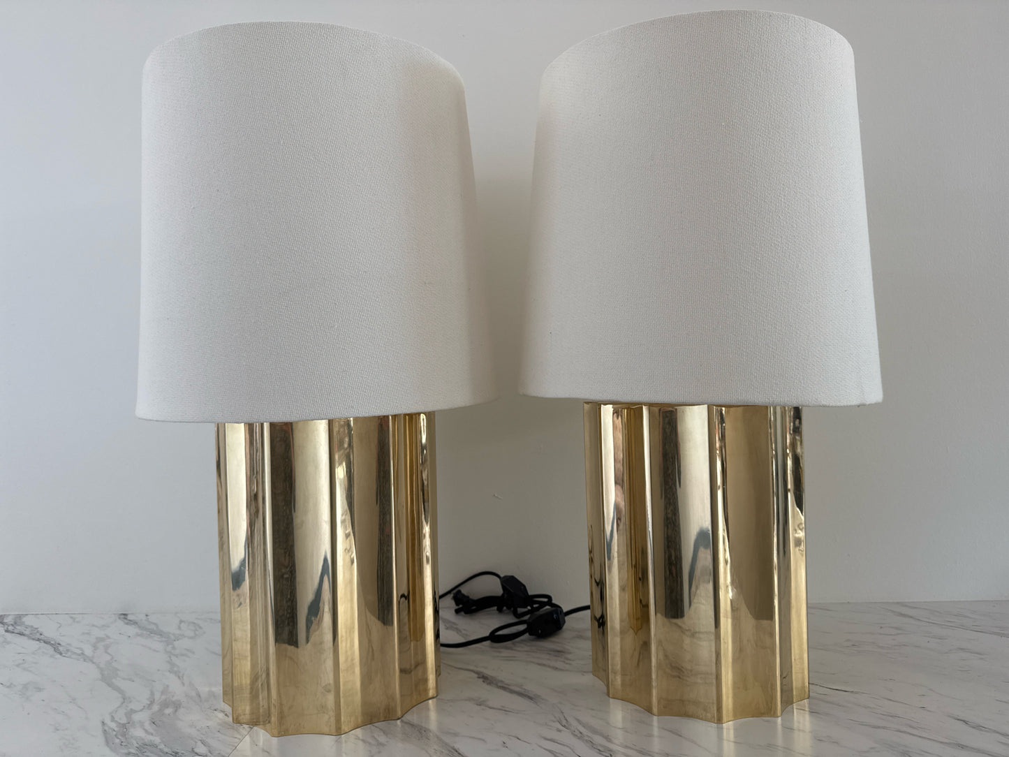 PAIR of CB2 Baz Oversized Scalloped Unlacquared Brass Lamps with Shades