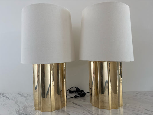 PAIR of CB2 Baz Oversized Scalloped Unlacquared Brass Lamps with Shades