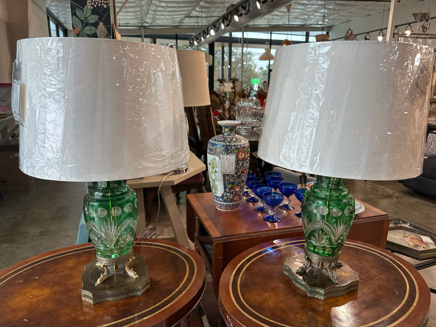 PAIR Vintage Green Glass Lamps w/ Brass Filligree Bases (Shades Separate)
