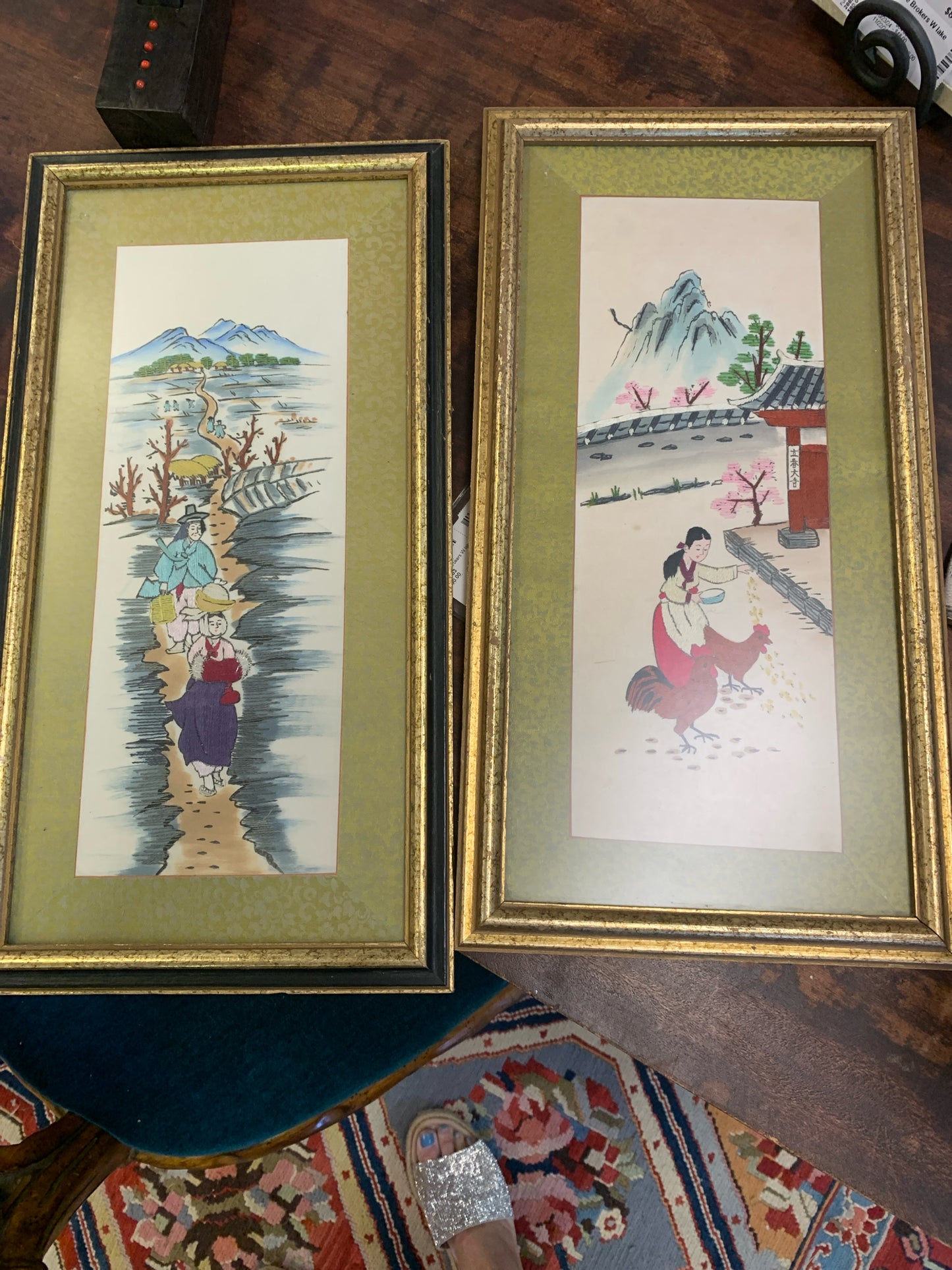 PAIR - Vintage Asian Silk Drawings (Man/Woman) in Gold Frames