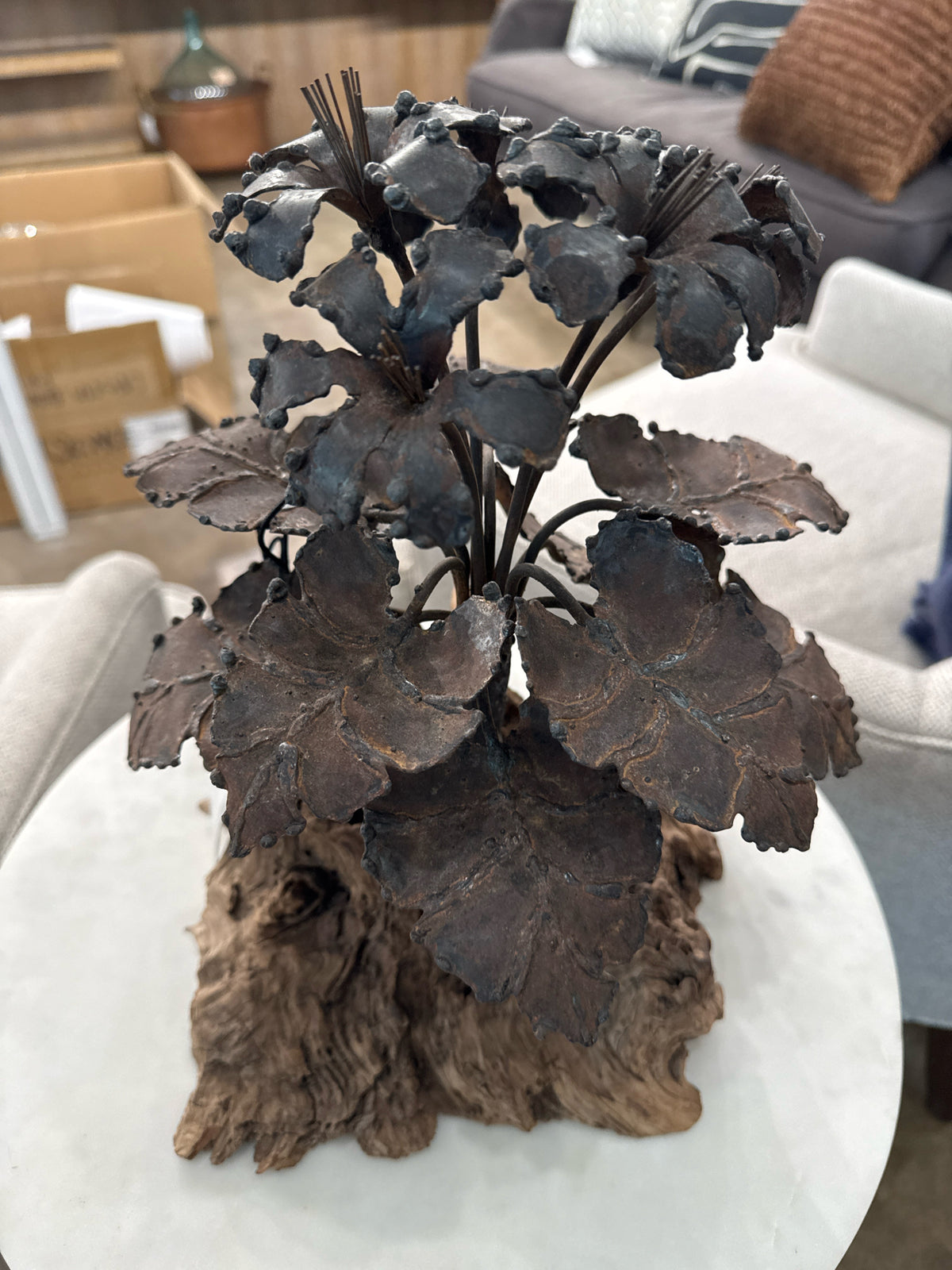 Artisan Handmade Floral Metal Sculpture on Driftwood