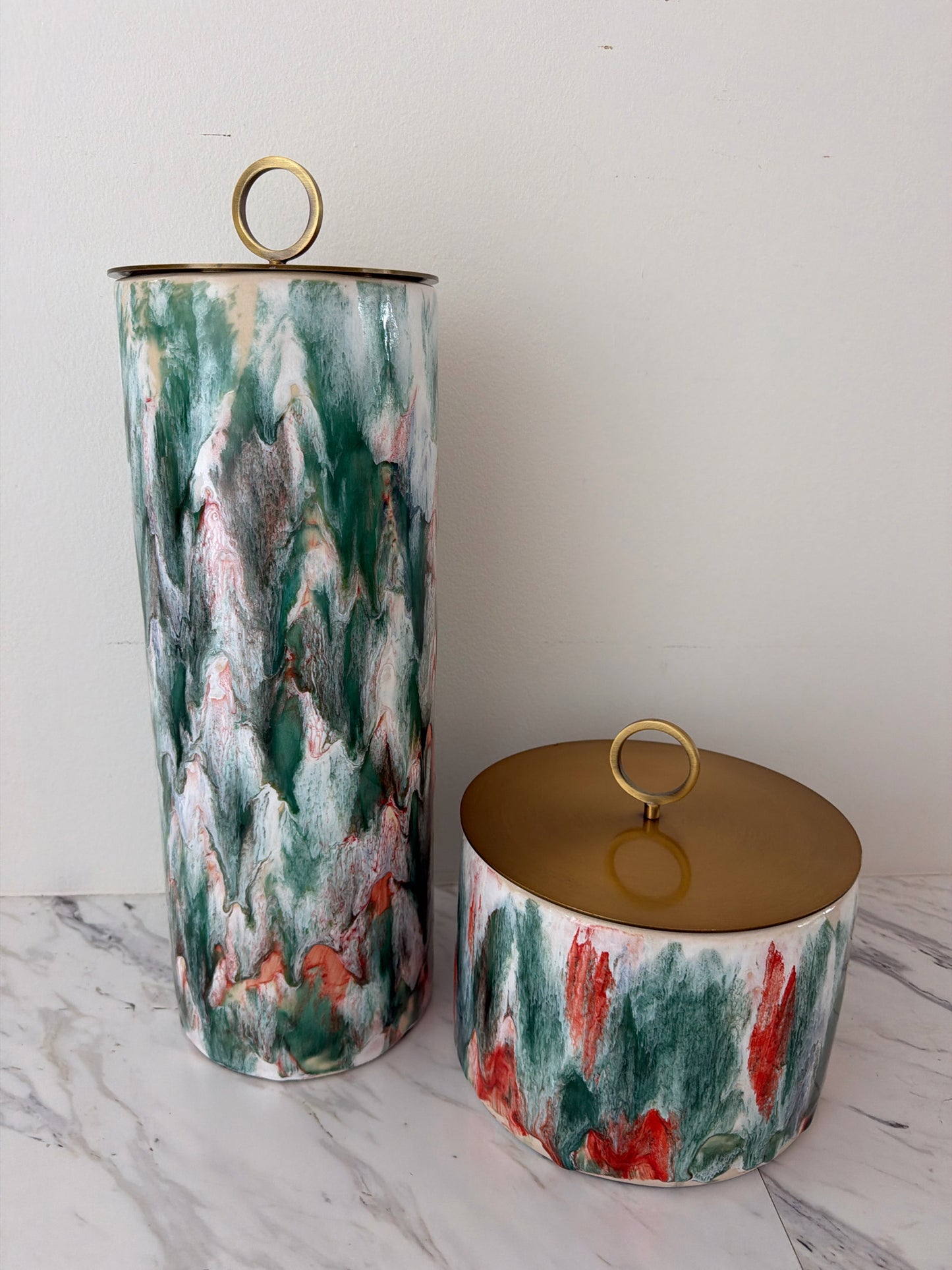 PAIR Uttermost Hand Painted Green/Orange Ceramic Cannisters