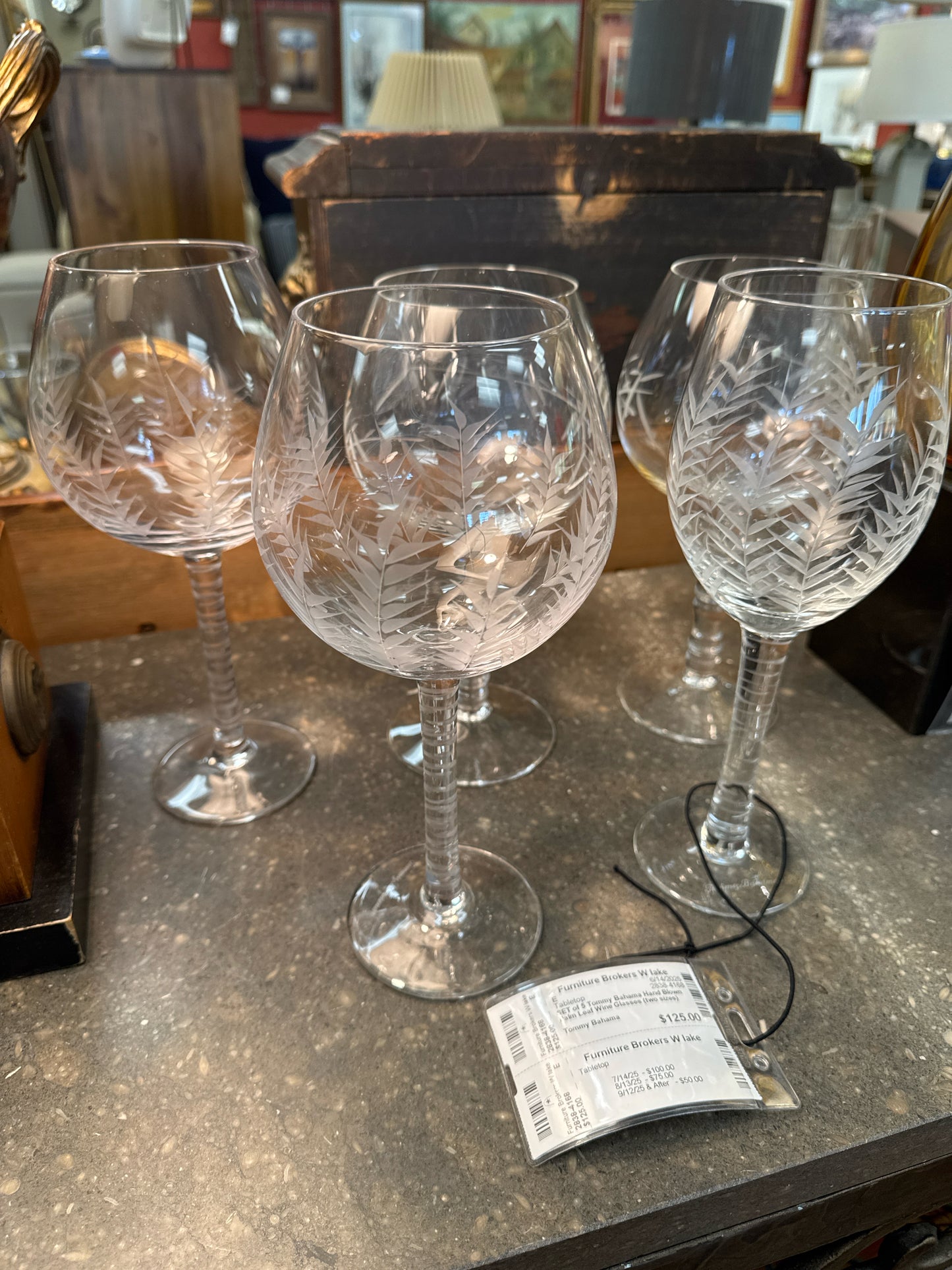 SET of 5 Tommy Bahama Hand Blown Palm Leaf Wine Glasses (two sizes)