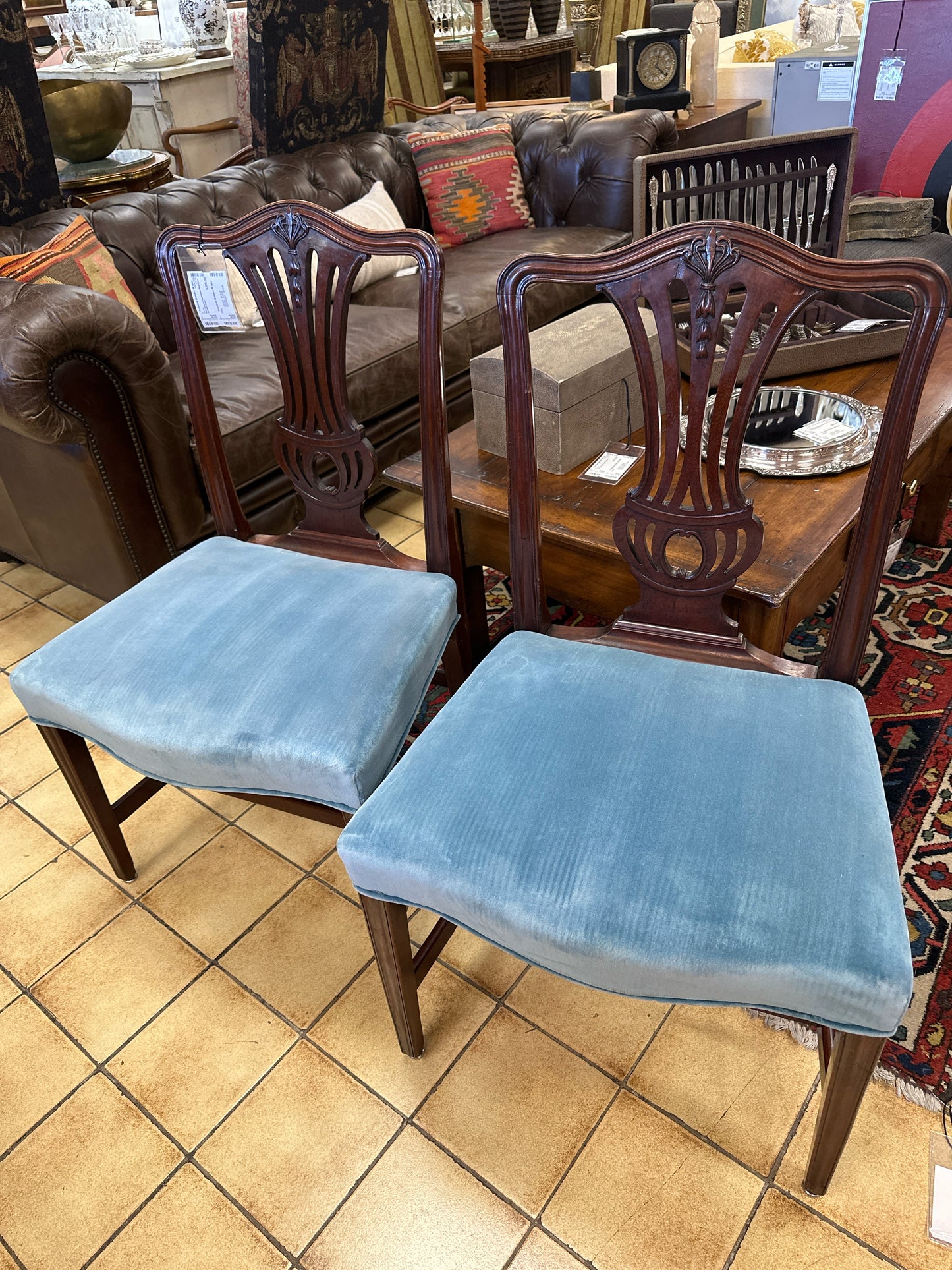 PAIR Antique Chippendale Blue Velvet Upholst. Chairs