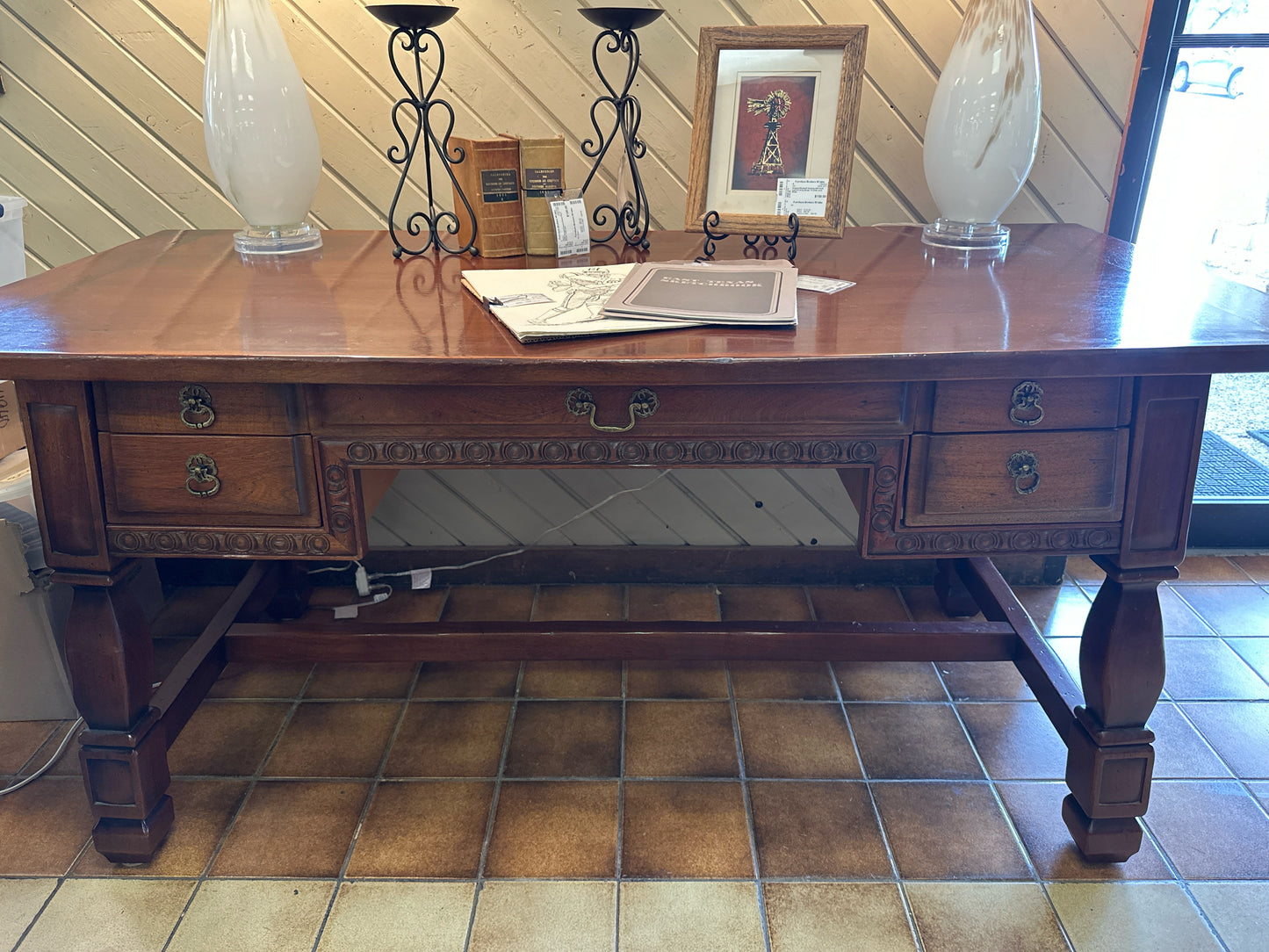 South Cone 5 Drawer Carved Wood Desk