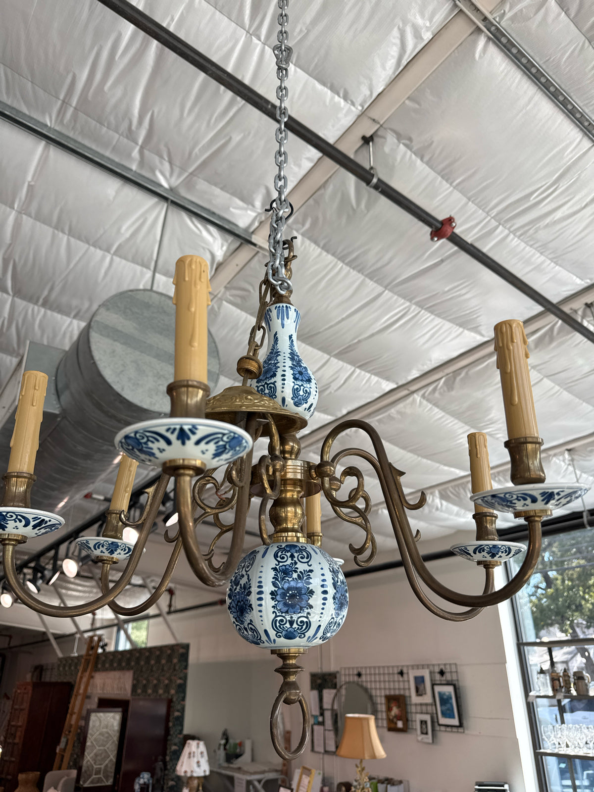 Vintage Blue & White Delft Porcelain and Brass 6-Light Chandelier