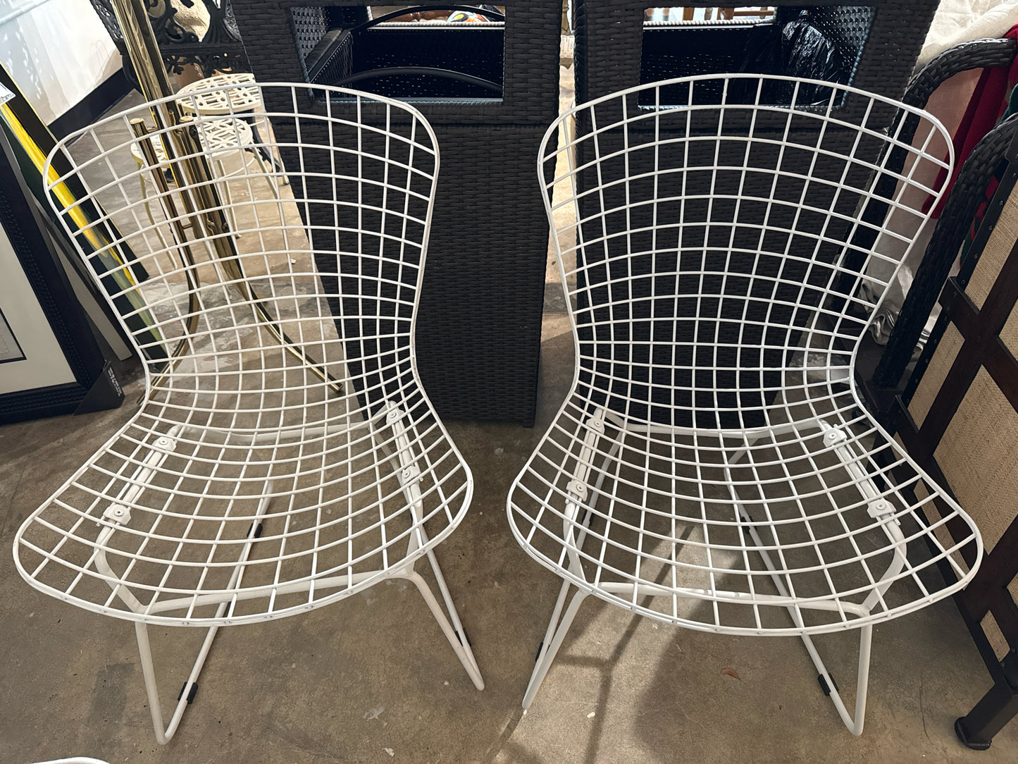 PAIR of White Wire Outdoor Side Chairs in the Style of Harry Bertoia