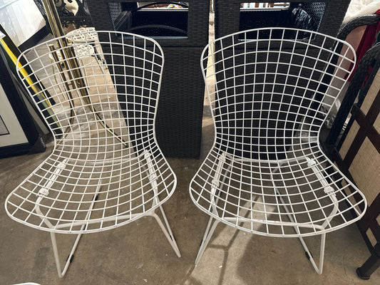 PAIR of White Wire Outdoor Side Chairs in the Style of Harry Bertoia