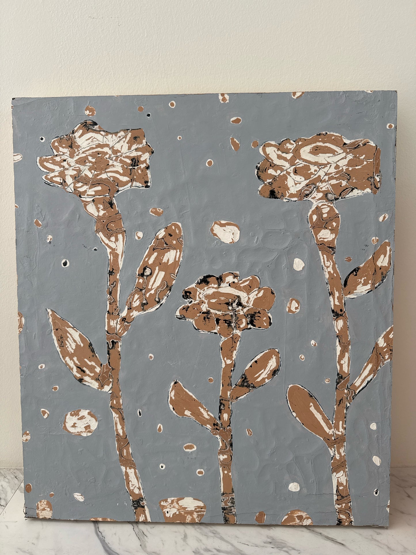 Original Oil on Canvas Panel "Three Flowers on Grey" by Erik Gonzales, 20"x23"